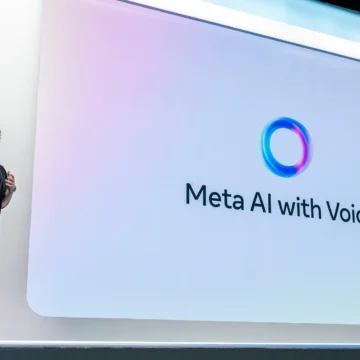 Pessoa navegando no celular com o logotipo da Meta ao fundo, destacando privacidade digital.