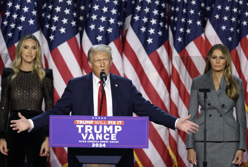 Imagem de Donald Trump discursando após as eleições de 2024, com um semblante de vitória e confiança em meio a uma multidão de apoiadores.