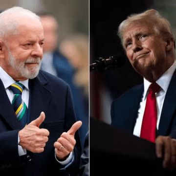 Representação de Donald Trump com fundo geopolítico, com bandeiras dos EUA, Venezuela e Brasil, simbolizando tensão política e diplomática.