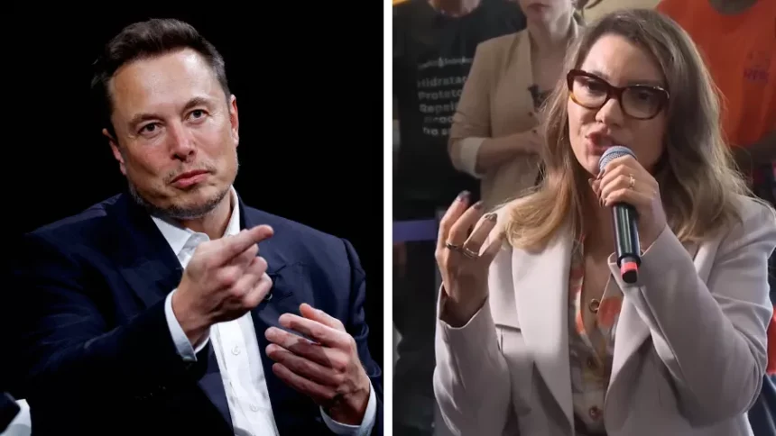 Janja durante seu discurso no G20 Social, com Elon Musk ilustrado ao fundo, simbolizando a polêmica entre os dois.
