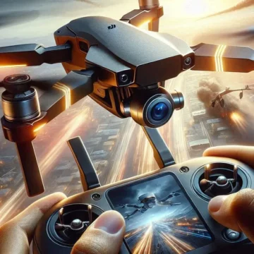 Um drone de modelo DJI Mini 4 Pro em pleno voo, com um céu azul vibrante ao fundo. O drone está em destaque, com detalhes nítidos e iluminação equilibrada.