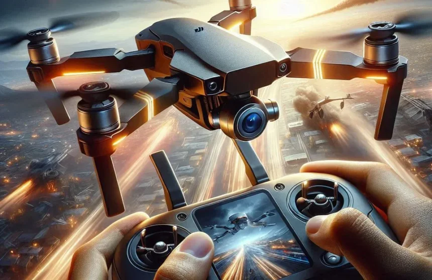 Um drone de modelo DJI Mini 4 Pro em pleno voo, com um céu azul vibrante ao fundo. O drone está em destaque, com detalhes nítidos e iluminação equilibrada.
