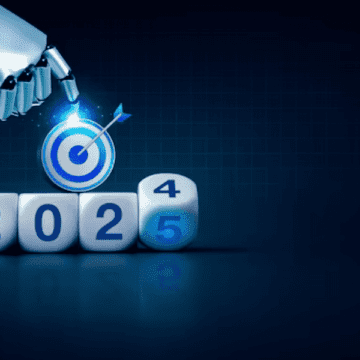 Imagem de um circuito tecnológico futurista, com engrenagens e luzes neon, representando as tendências de tecnologia de 2025, com um destaque em um escudo para a cibersegurança.