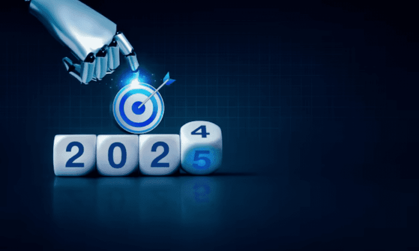 Imagem de um circuito tecnológico futurista, com engrenagens e luzes neon, representando as tendências de tecnologia de 2025, com um destaque em um escudo para a cibersegurança.