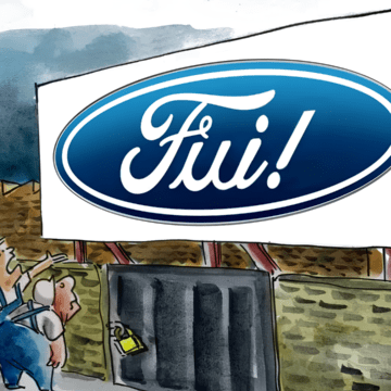 Uma fábrica de automóveis abandonada, com uma placa da Ford desbotada ao fundo, representando a saída da montadora do Brasil.