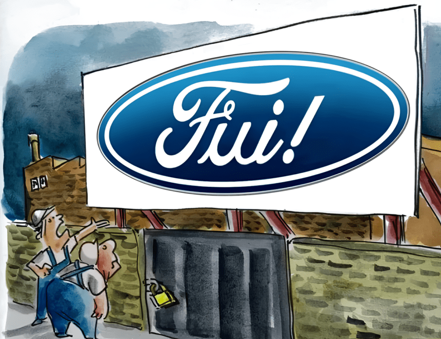 Uma fábrica de automóveis abandonada, com uma placa da Ford desbotada ao fundo, representando a saída da montadora do Brasil.
