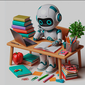 Uma pessoa sorridente utilizando um laptop em uma mesa com materiais de estudo, ao fundo uma tela com a interface da Jungle AI.