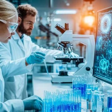 Equipamentos de laboratório de biotecnologia com cientistas trabalhando em biorreatores.