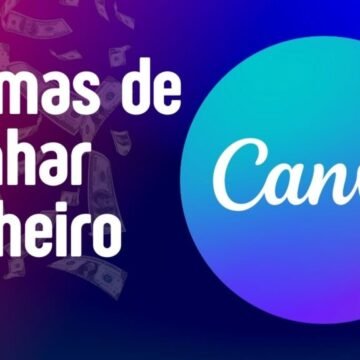 Uma mulher sorrindo e olhando para um notebook com a tela mostrando o site do Canva, com elementos gráficos coloridos ao redor.