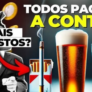 Uma mesa com produtos taxados pelo "imposto do pecado", incluindo bebidas alcoólicas, refrigerantes e cigarros.