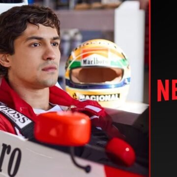 Gabriel Leone como Ayrton Senna na série da Netflix, capturando a intensidade e emoção do piloto.