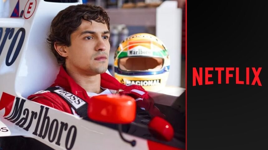 Gabriel Leone como Ayrton Senna na série da Netflix, capturando a intensidade e emoção do piloto.
