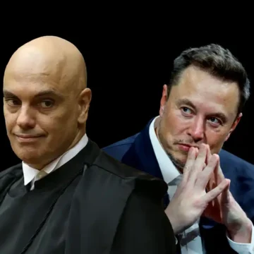 Imagem representando a relação conflituosa entre Elon Musk e Alexandre de Moraes, com elementos alusivos ao STF e às redes sociais.