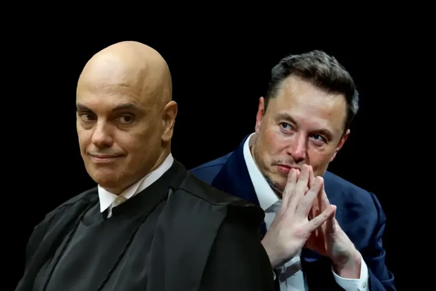 Imagem representando a relação conflituosa entre Elon Musk e Alexandre de Moraes, com elementos alusivos ao STF e às redes sociais.