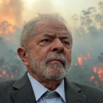 Imagem de um incêndio florestal devastador, com árvores em chamas e fumaça densa, ilustrando o impacto das queimadas no Brasil em 2024.