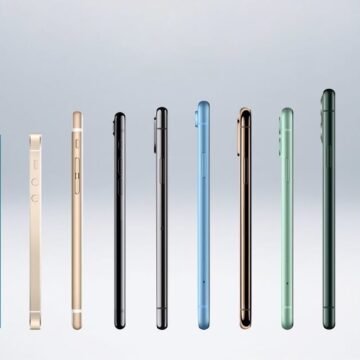 Uma montagem com imagens de diferentes modelos de iPhone ao longo dos anos, mostrando a evolução do design e da tecnologia.