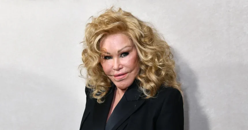 Jocelyn Wildenstein, conhecida como Mulher-Gato, posa em um evento com seu rosto transformado por cirurgias plásticas e um vestido extravagante, em meio a um cenário de glamour