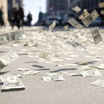 Uma representação gráfica da saída de dólares do Brasil, com setas apontando para fora do país, em um fundo que simboliza a economia brasileira.