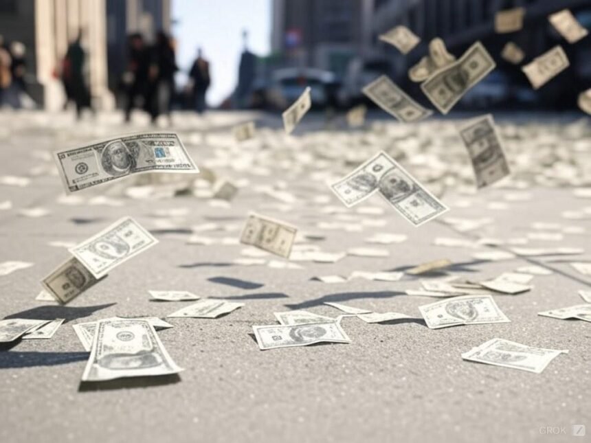 Uma representação gráfica da saída de dólares do Brasil, com setas apontando para fora do país, em um fundo que simboliza a economia brasileira.