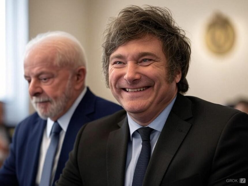 Encontro entre os presidentes Lula e Milei durante reunião do Mercosul, destacando o contraste ideológico e político entre os dois líderes.