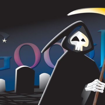 Uma imagem estilizada de um cemitério digital com lápides representando os produtos e serviços descontinuados do Google em 2024, com o logo do Google ao fundo.